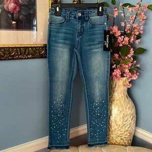 Brand New Bebe Girls Bedazzled Skinny Jeans Beaded Gemstones Medium Wash